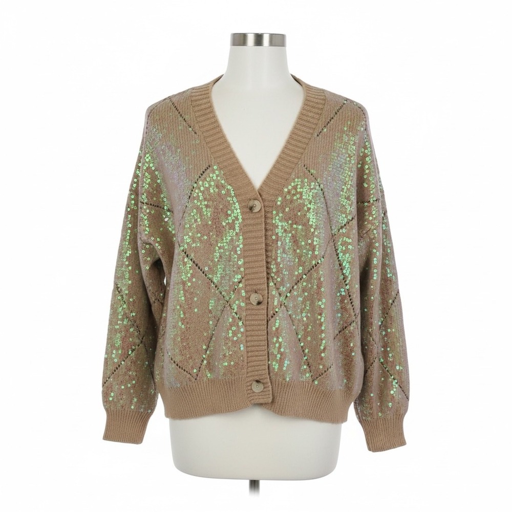 Fate Womens Sequin Argyle Cardigan Sweater Tan Green‎ Small